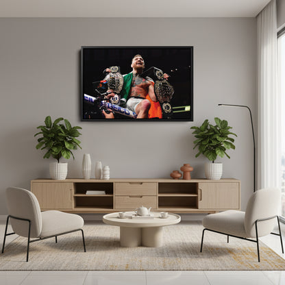 Conor McGregor Celebrating with Belts Canvas Wall Art Decor - UFC Victory Poster