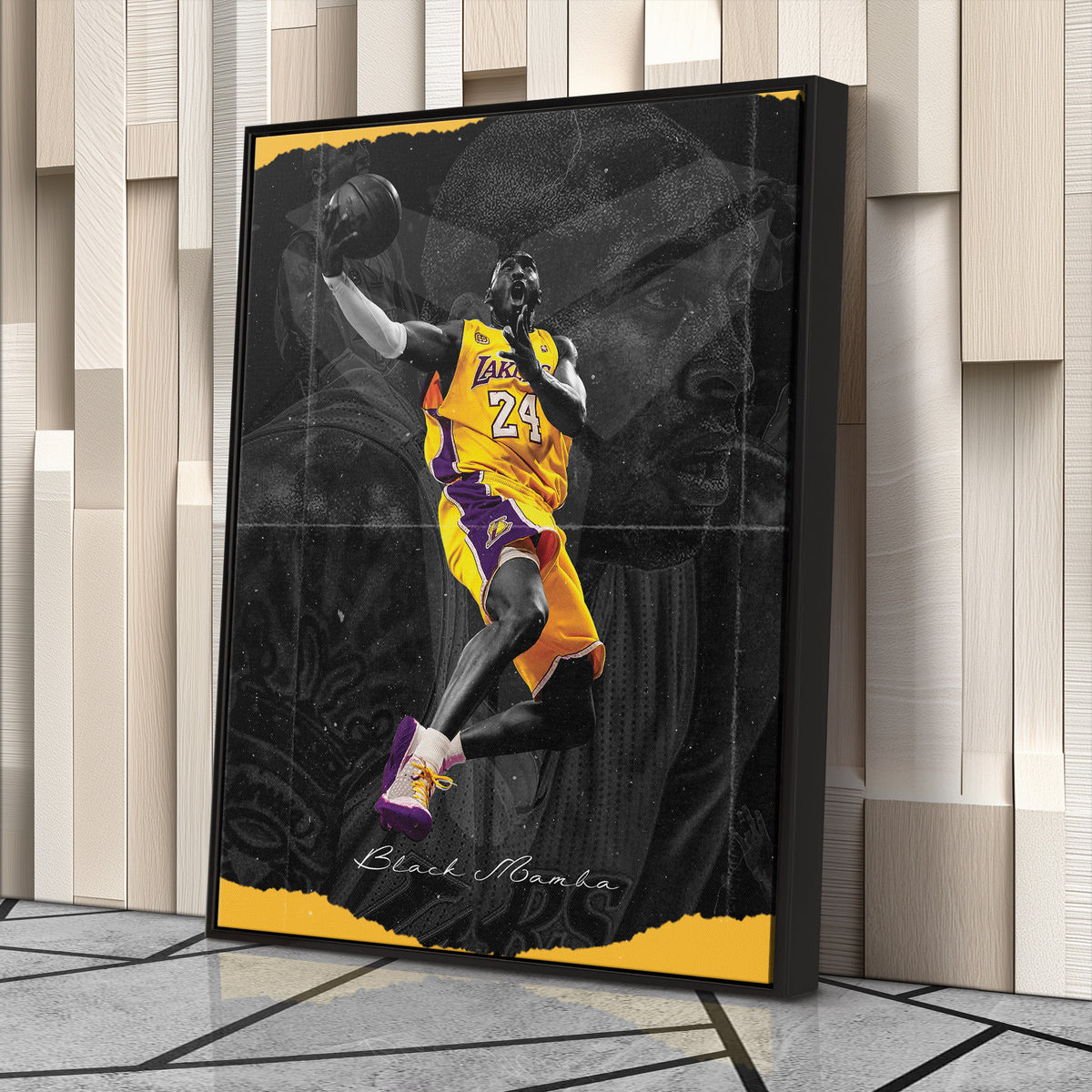 Kobe Bryant Basketball Black Background Canvas Wall Art – NBA Star Print