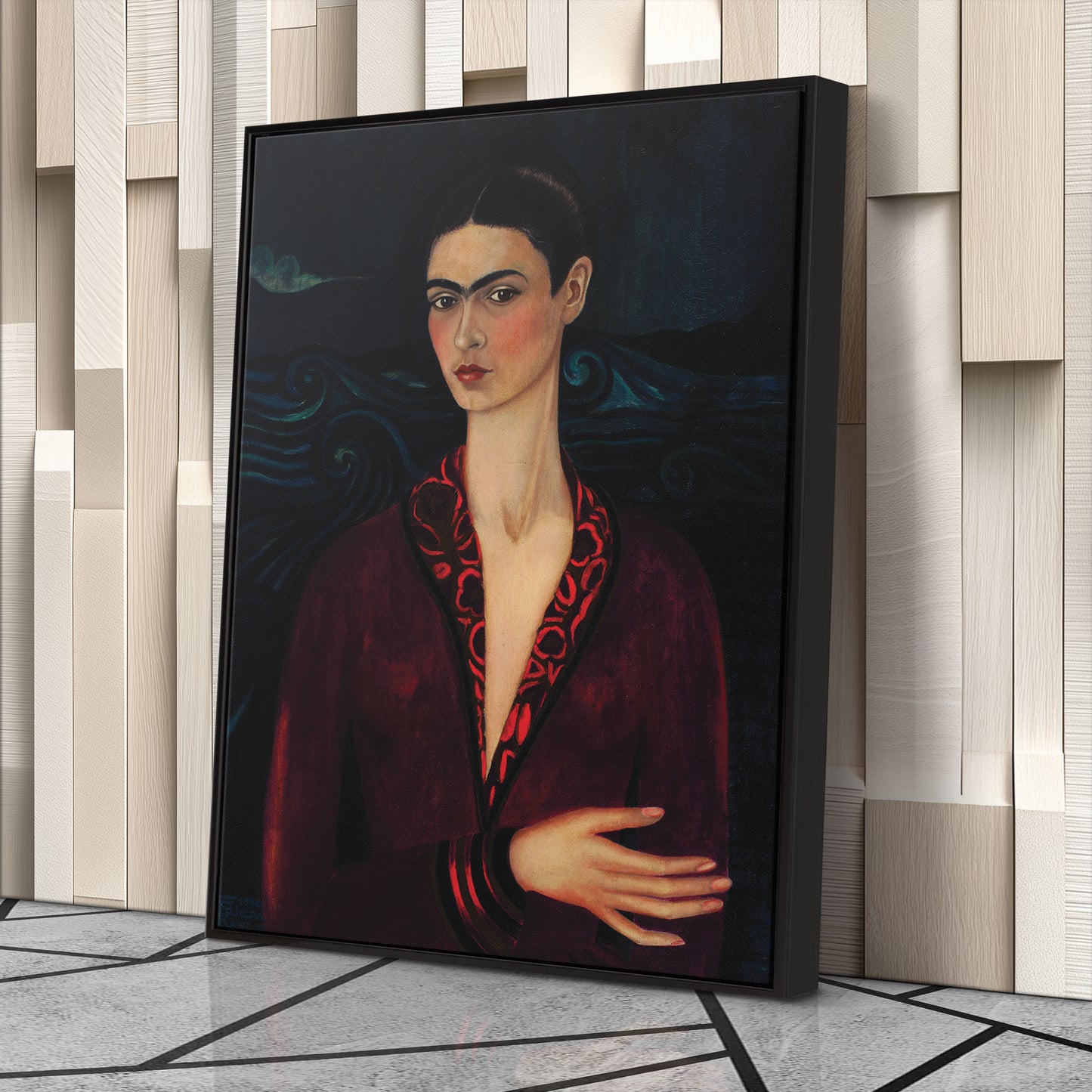 Frida Kahlo Red Dress Canvas Wall Art – Vibrant Painter's Portrait