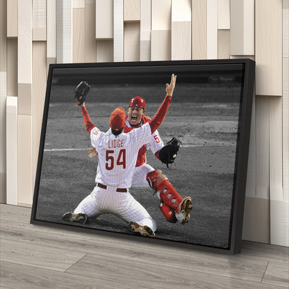 Brad Lidge & Carlos Ruiz Celebrate World Series Victory Canvas Wall Art Decor - MLB Sports Poster