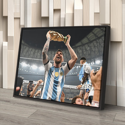 Lionel Messi Historic World Cup Trophy Canvas Art - Soccer Wall Decor Poster