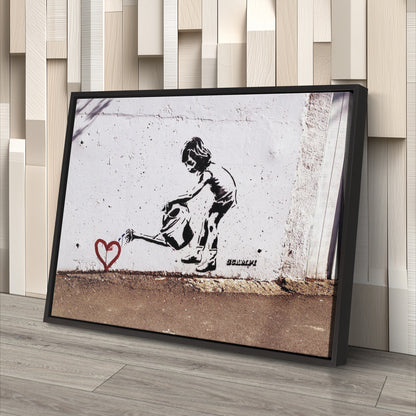 Banksy 'Children Water to Love Heart' Canvas Print - Framed Wall Art