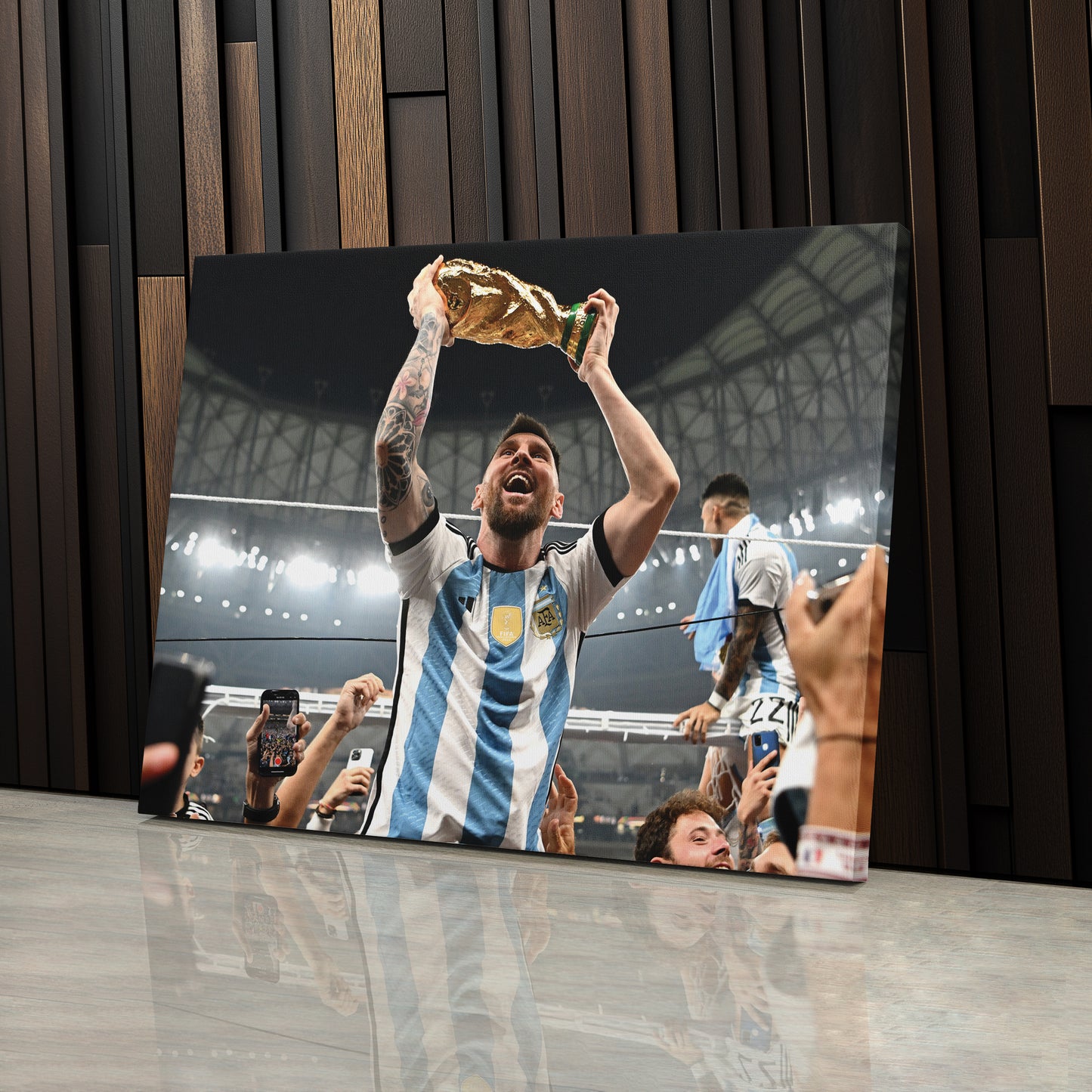 Lionel Messi Historic World Cup Trophy Canvas Art - Soccer Wall Decor Poster