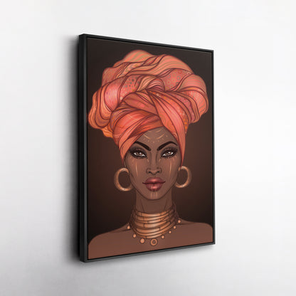 African American Woman with Glossy Lips & Turban - Canvas Wall Art
