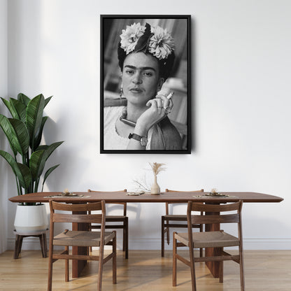 Frida Kahlo Smoking Black and White Canvas Wall Art – Iconic Art Print