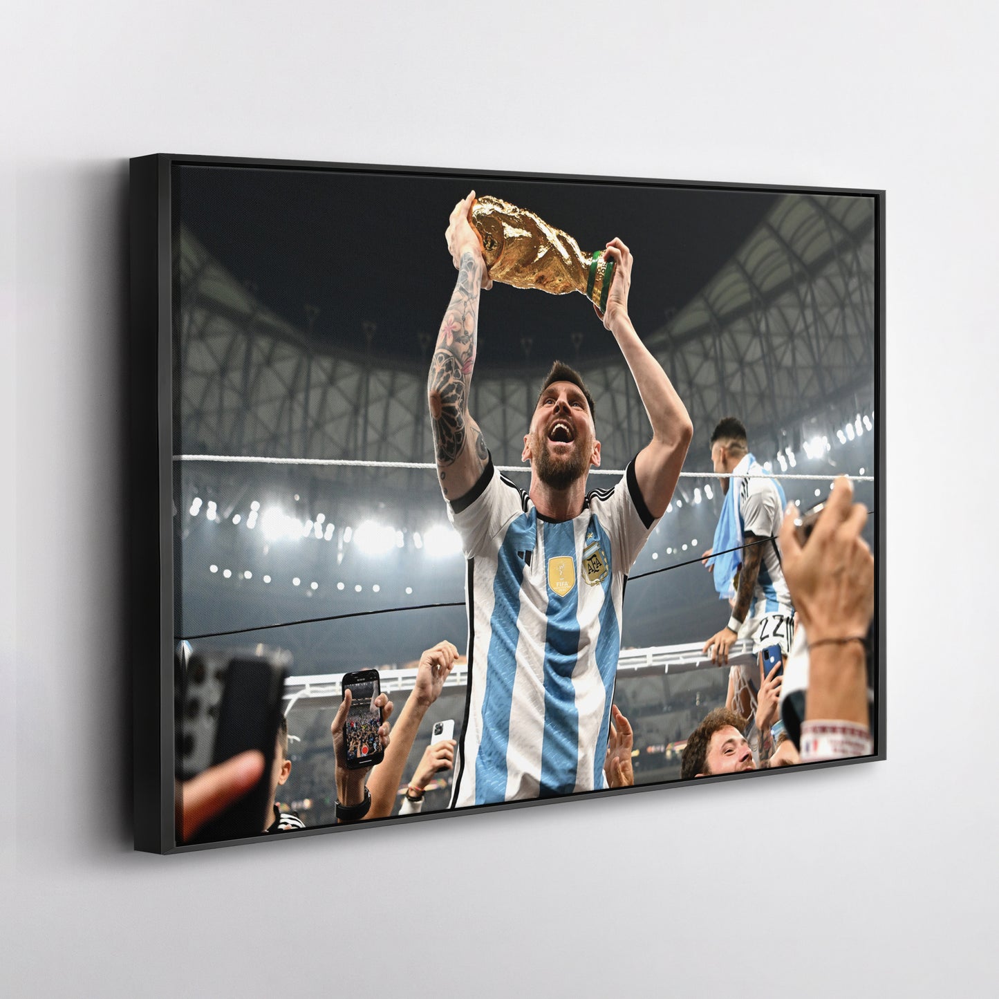 Lionel Messi Historic World Cup Trophy Canvas Art - Soccer Wall Decor Poster
