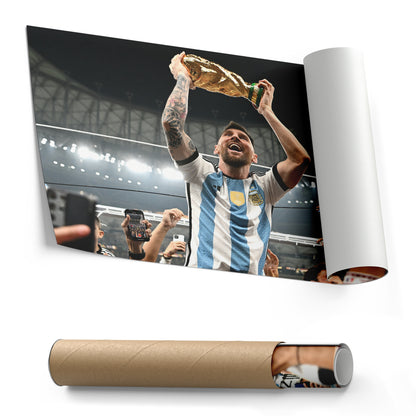 Lionel Messi Historic World Cup Trophy Canvas Art - Soccer Wall Decor Poster