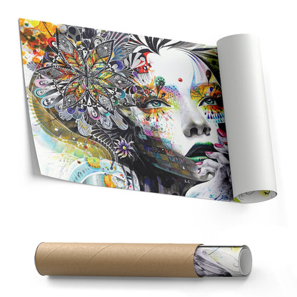 Abstract Painting of Girl with Flowers - Canvas Wall Art Decor