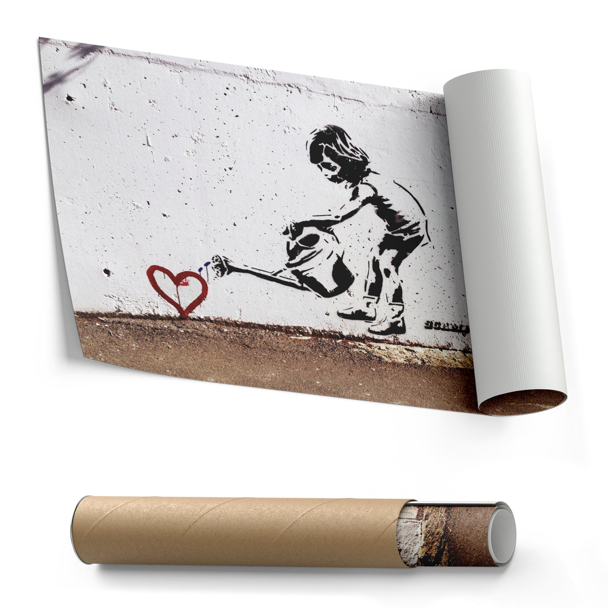 Banksy 'Children Water to Love Heart' Canvas Print - Framed Wall Art